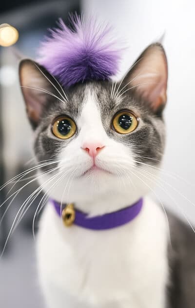 Gato blanco y gris con collar morado