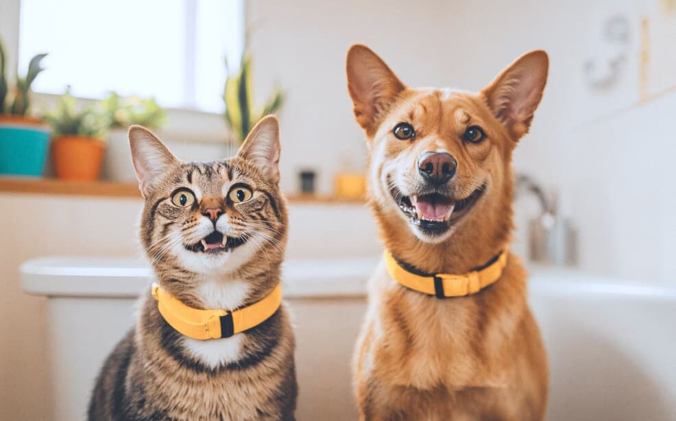 Gato y perro sentados juntos
