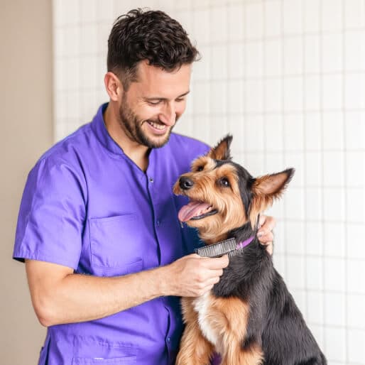 Groomer sonriendo con un perro