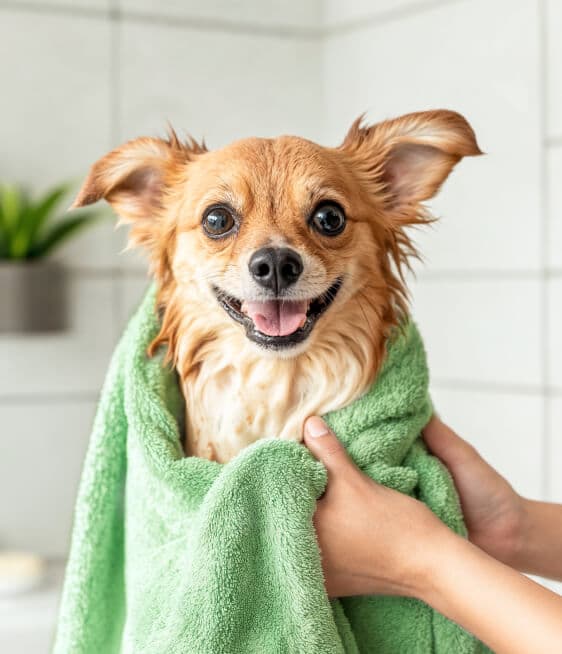 Perro envuelto en una toalla verde