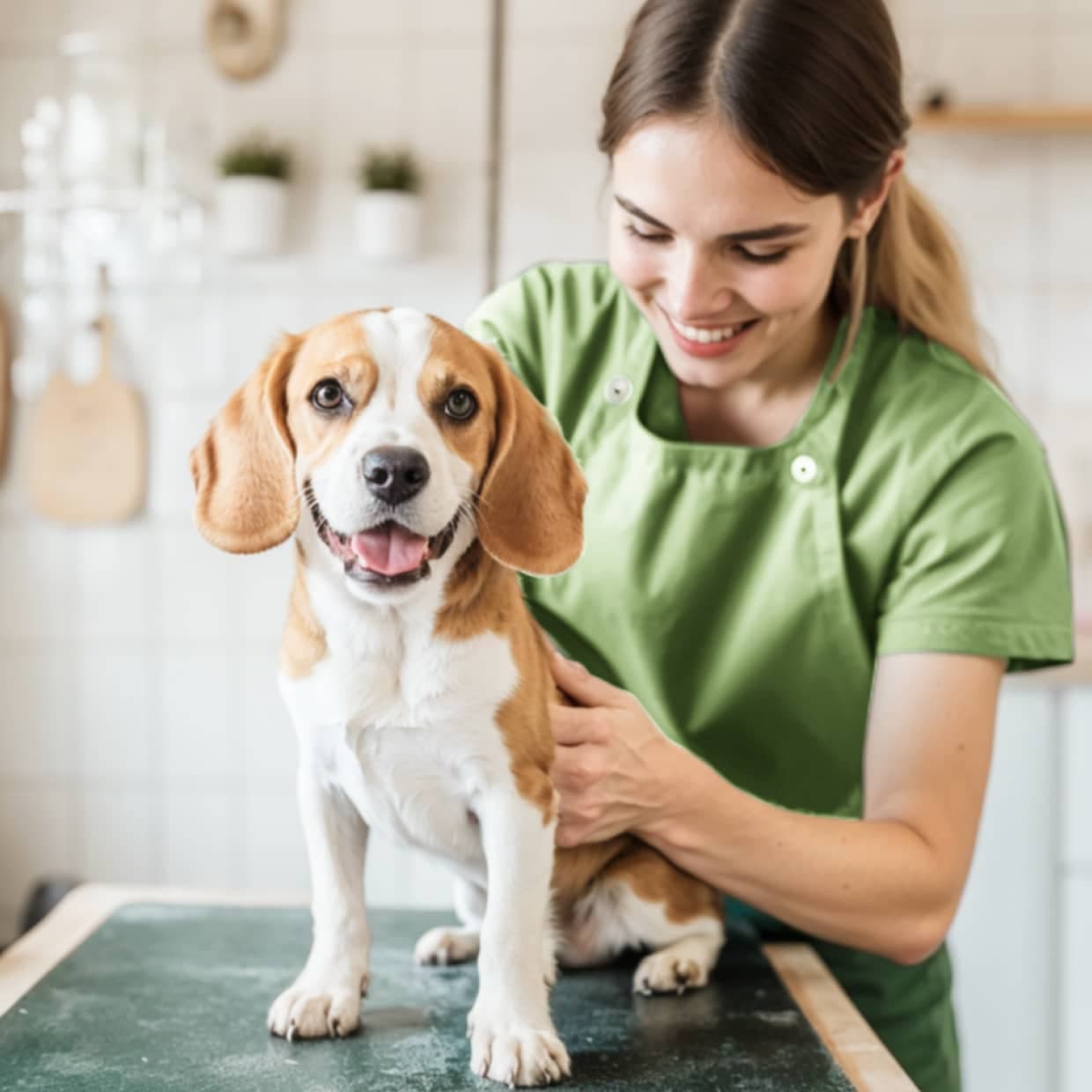 Groomer sonriendo junto a un beagle