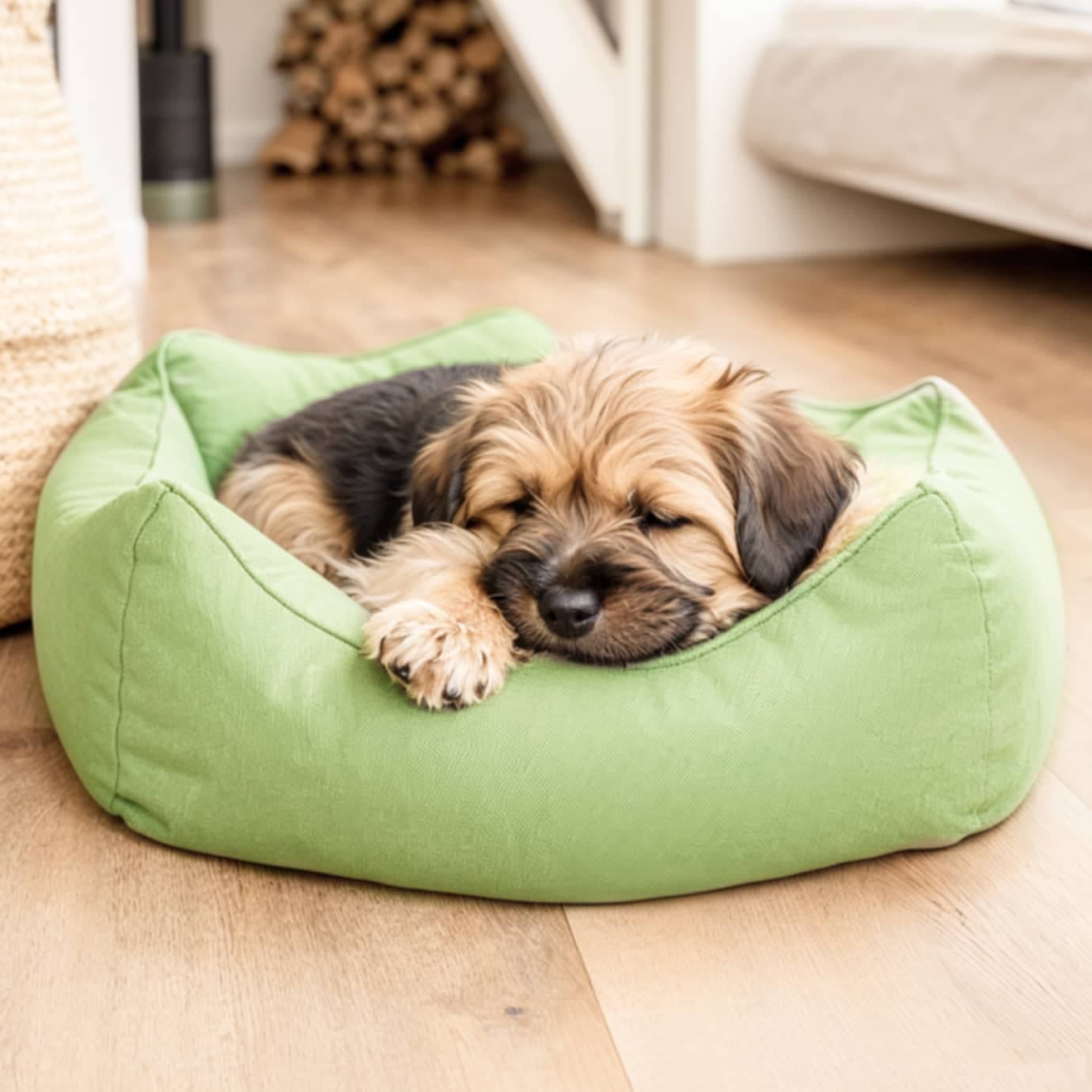 Cachorro durmiendo en una cama verde