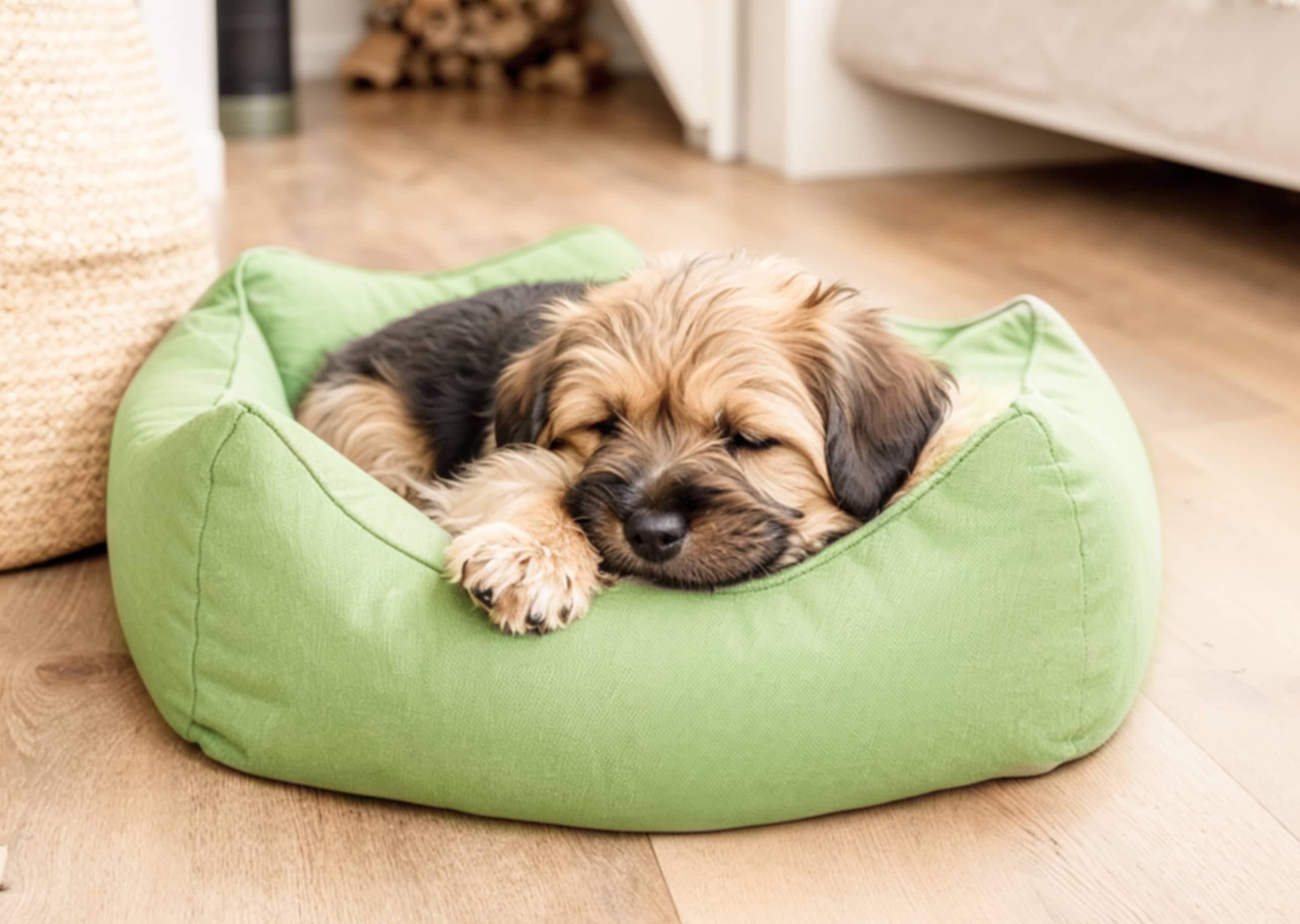 Cachorro durmiendo en una cama verde