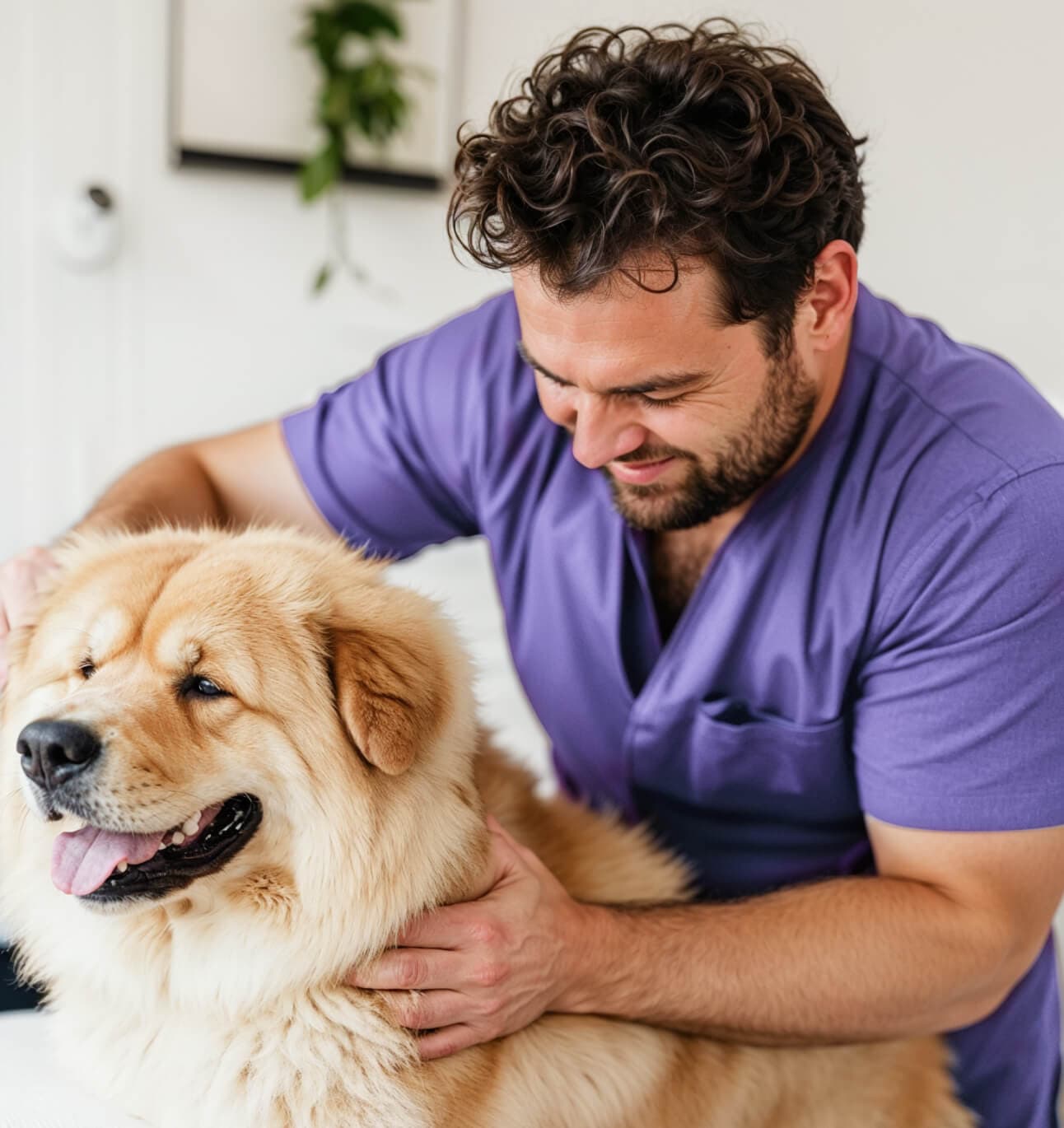 Groomer acariciando a un chow chow