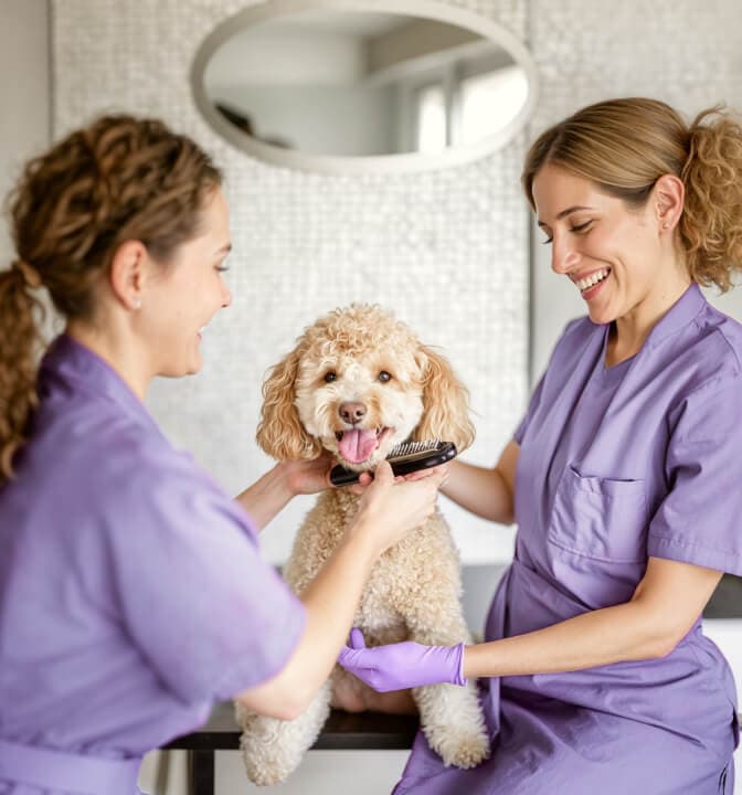 Dos groomers atendiendo a un perro
